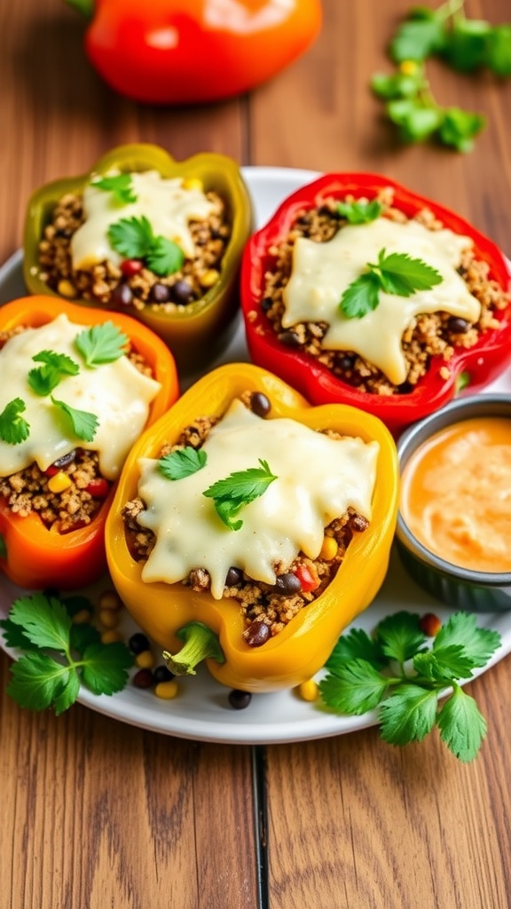 Colorful stuffed bell peppers filled with quinoa, black beans, and corn, garnished with cilantro on a rustic table.